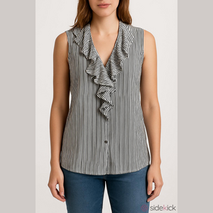 Karl Lagerfeld Black and White Striped Ruffle Blouse